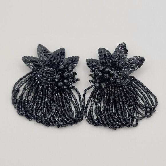 Vintage Earrings Handmade Black Floral Beaded Sequin Gatsby Earrings #452 - Picture 2 of 9